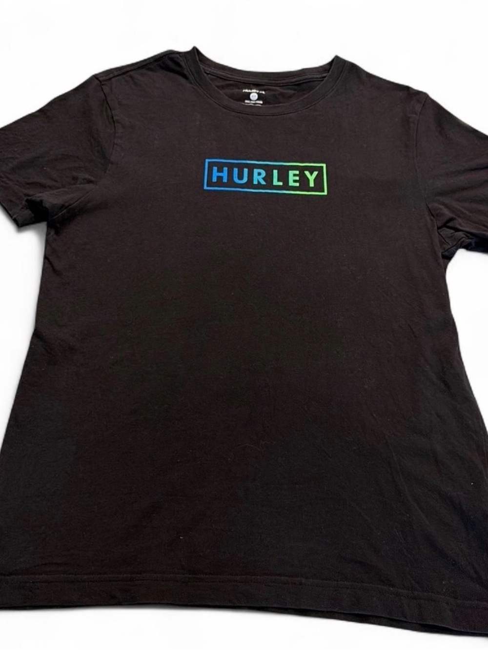 Hurley Black T-Shirt with Teal-to-Green Logo Men Sz S gently pre owned